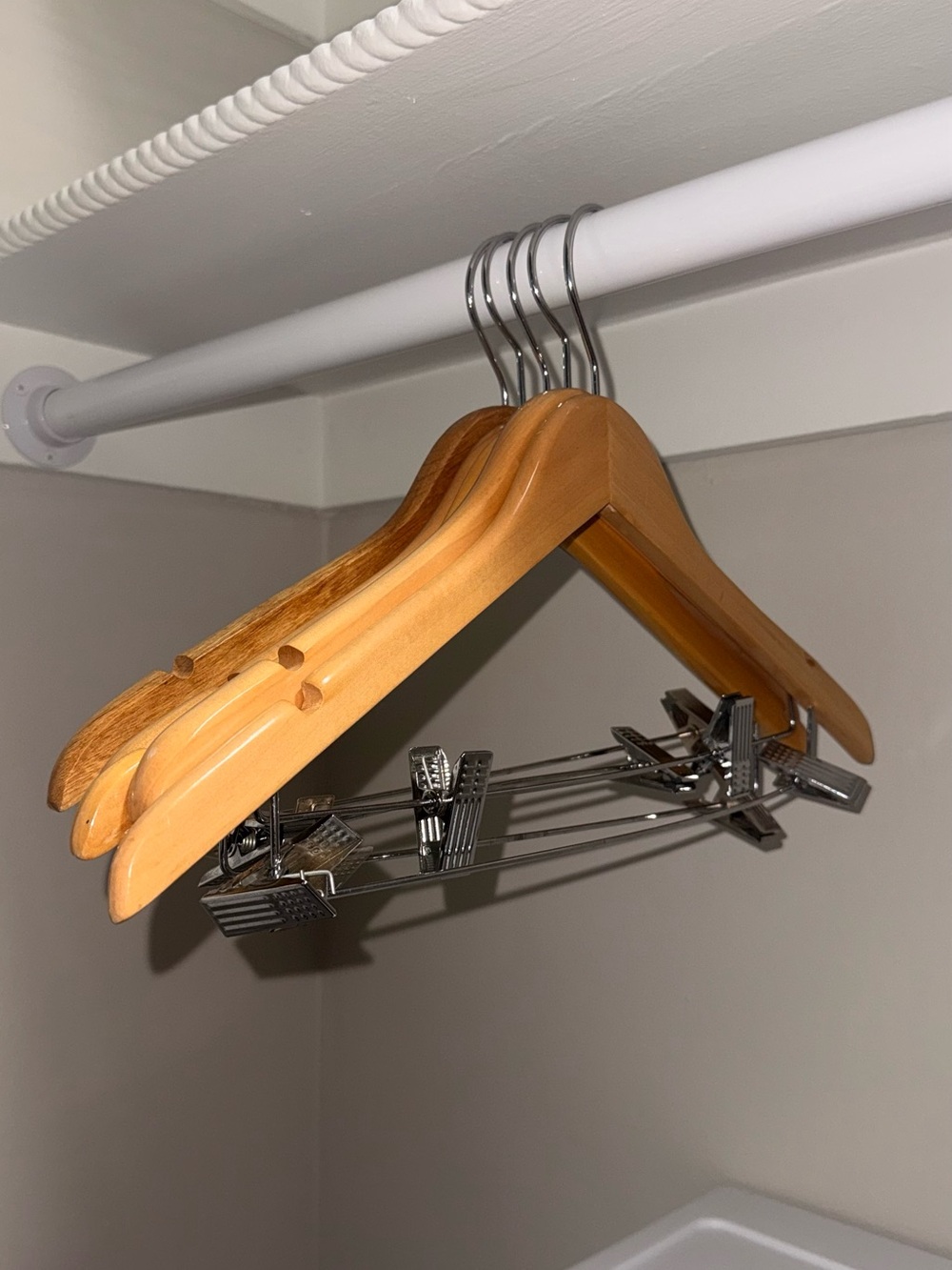 Wood and Chrome Closet Hangers with clips- Natural Wood set of 5 very strong